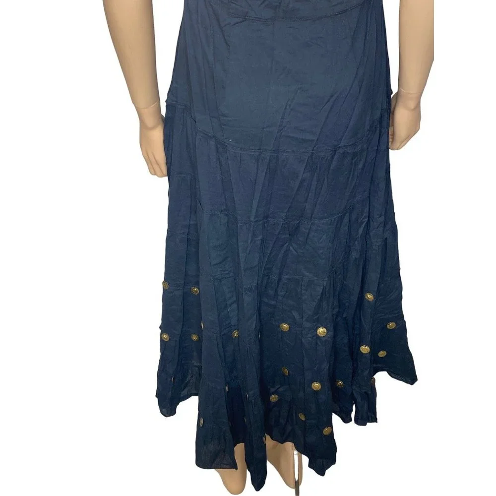 Vasna Women's Halter Cotton Midi Dress Black Boho Gold Coins Embellishments - Picture 8 of 15